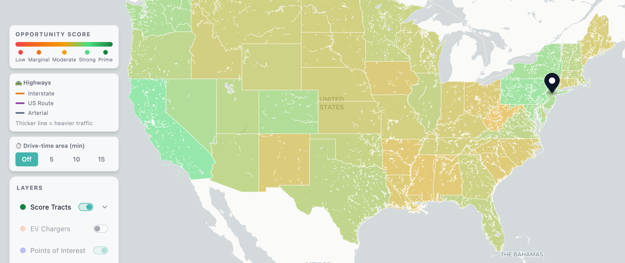 OptiScore national opportunity heatmap with 30 Washington Pl, Morristown NJ scored